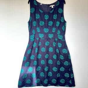 Banana Republic Polka Dot Linen Blend Dress Blue Green Sleeveless Womens 14